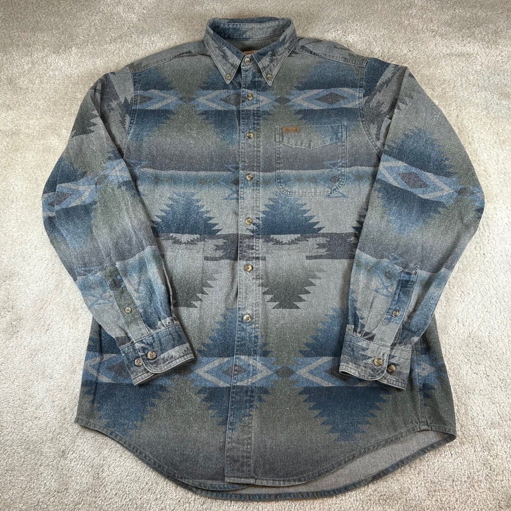Woolrich Button Down Shirt Men Large Grey Blue Southwestern Aztec Cotton Flannel - Picture 1 of 12